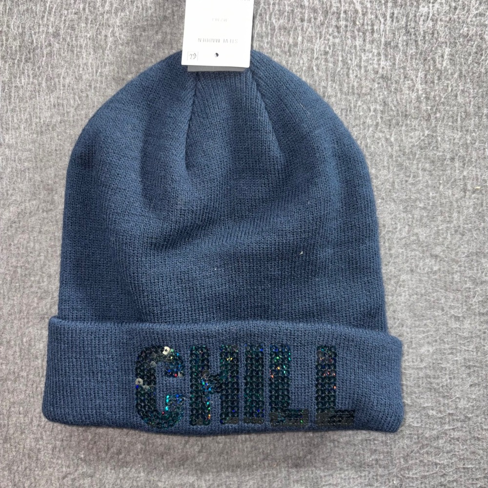 Steve Madden Navy Blue Chill Sequin Knit Beanie Hat M2103 OSFM New with Tags